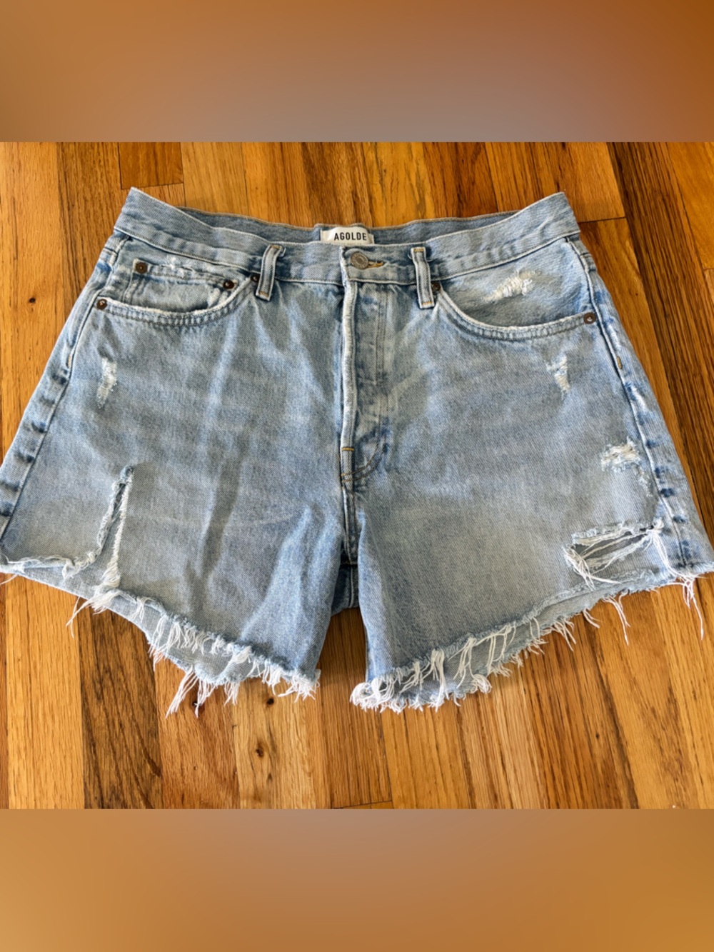 Agolde Parker Long 29 Light Blue Distressed High-Rise Denim Shorts